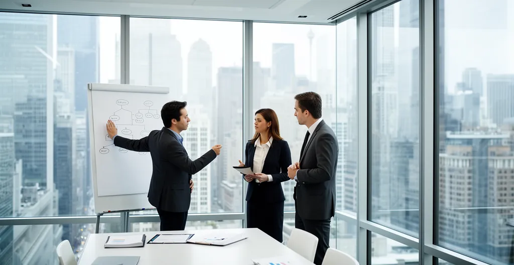 Three professionals in meeting room discussing strategy with whiteboard diagrams visible