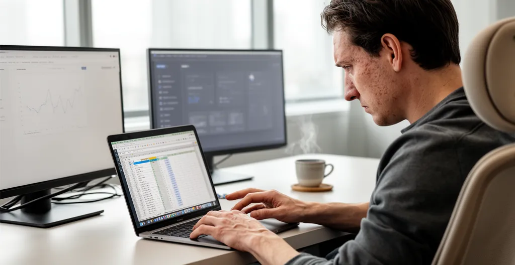 Operations professional at desk concentrating on laptop with multiple spreadsheet tabs visible