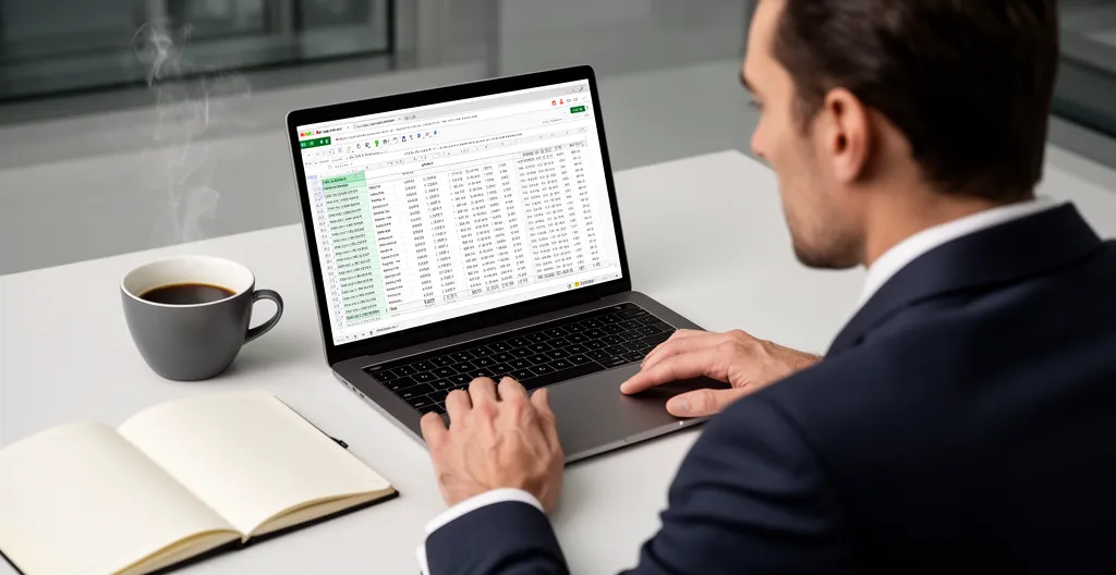 Business professional at desk looking pensively at laptop showing spreadsheet
