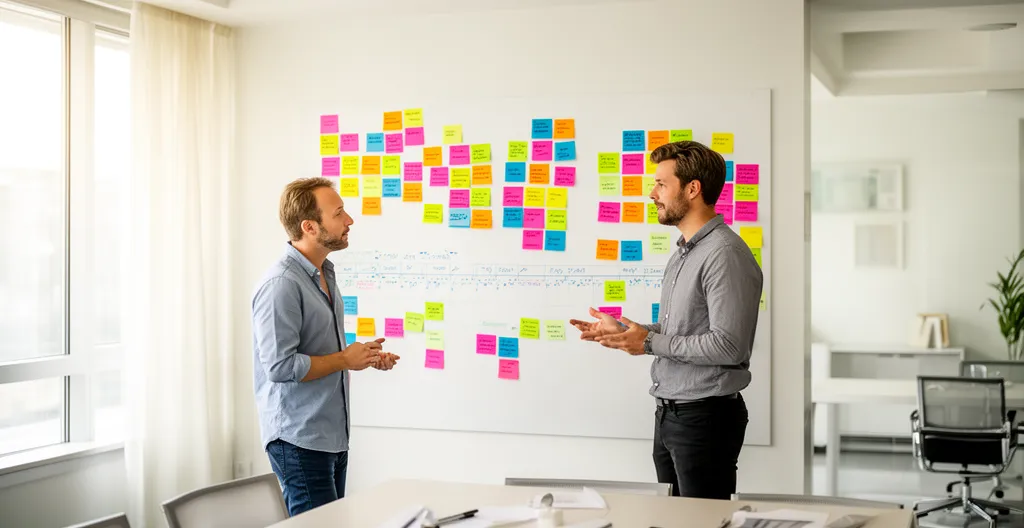 Two colleagues near whiteboard with implementation timeline visible